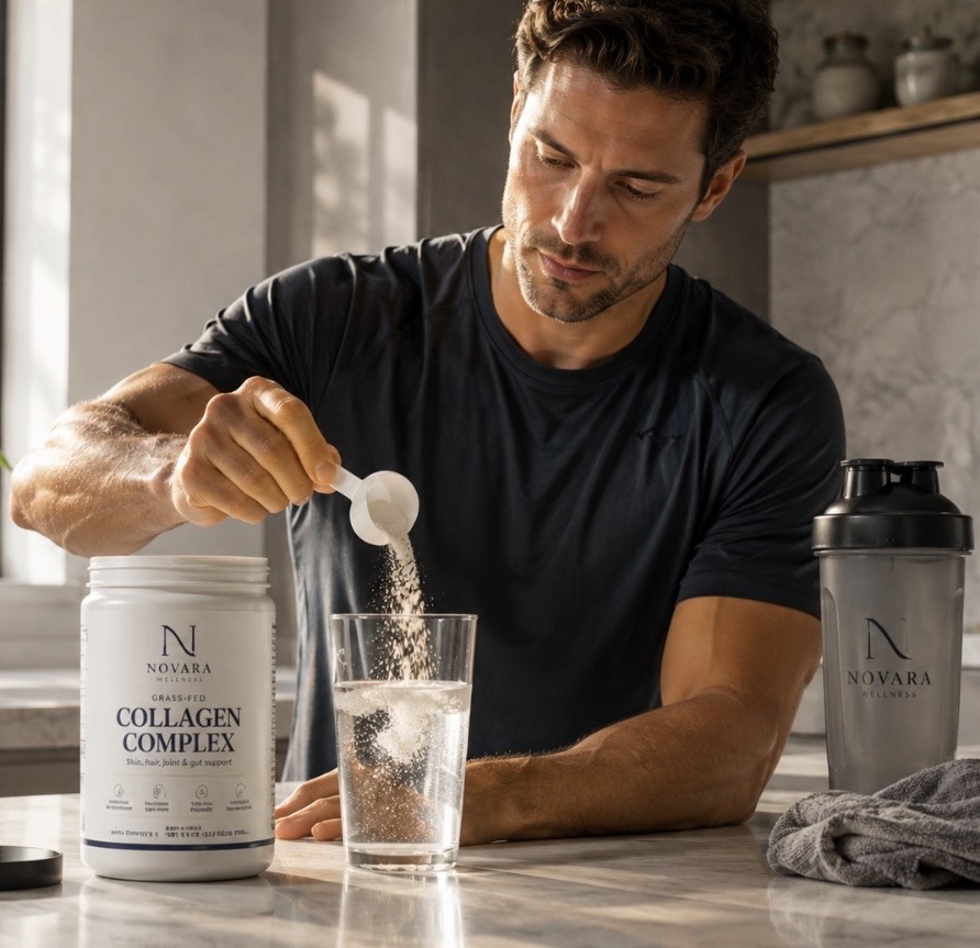 Novara Wellness Collagen Complex being mixed into a morning routine