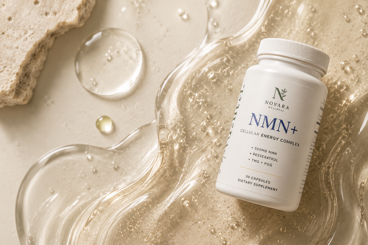 Novara Wellness NMN+ bottle on a softly lit beige surface with translucent gel swirls